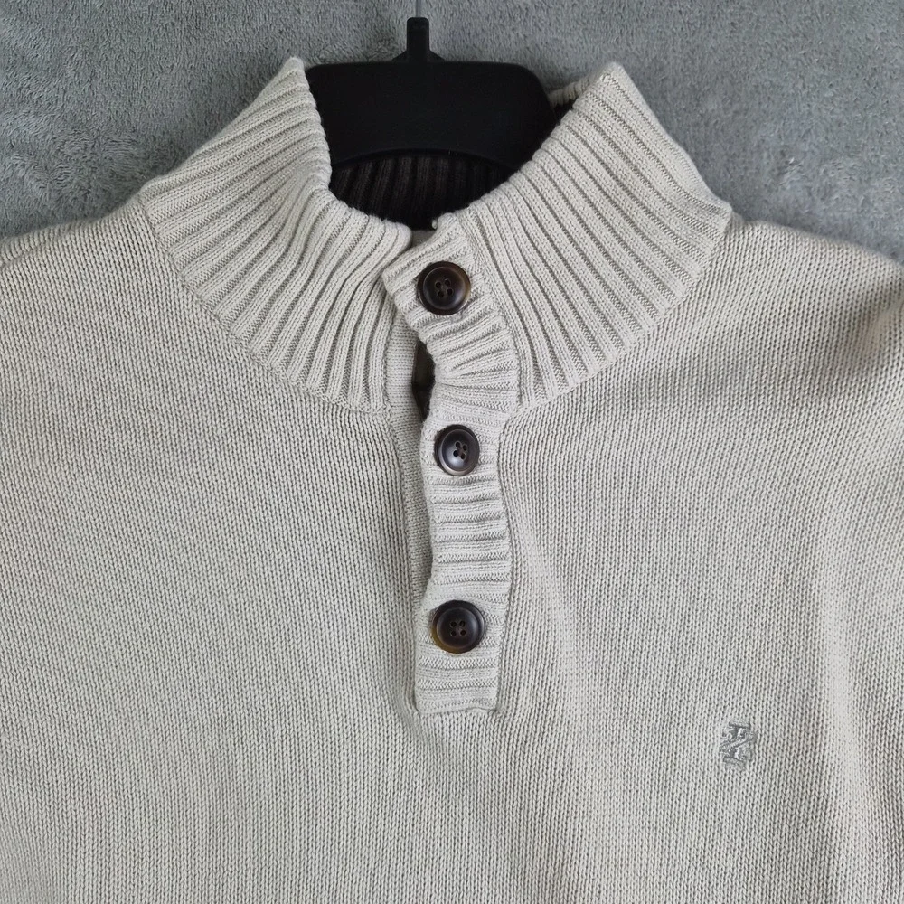 Izod Sweater Mens XXL Beige Knit 100% Cotton 1/4 Button Mock Neck Pullover